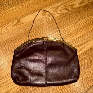 Vintage 1980s‎ Brown Leather Clutch with gold tone Chain Strap